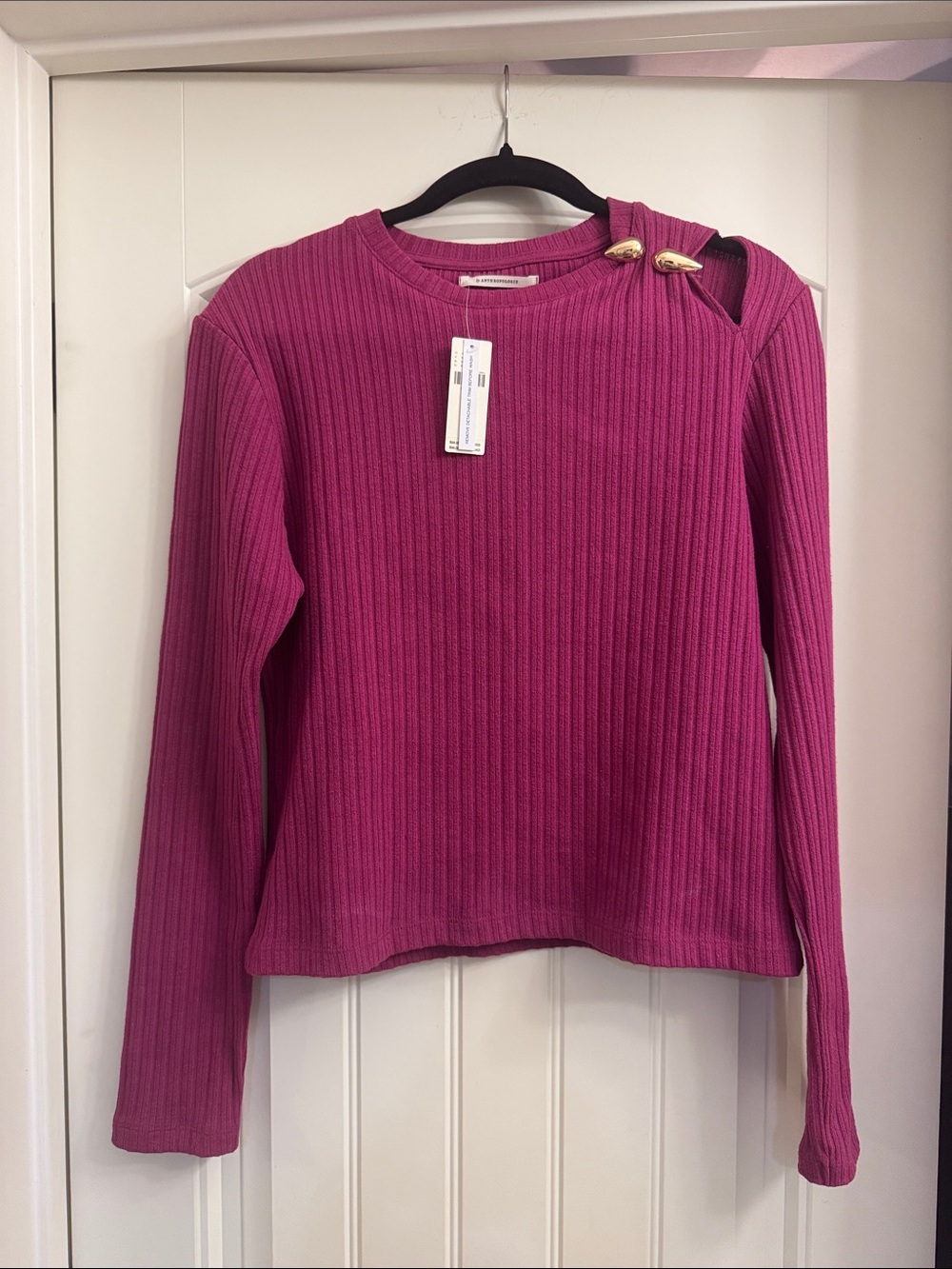 Anthropologie Fuchsia Ribbed Long-Sleeve sweater Gold shoulder embellishment L